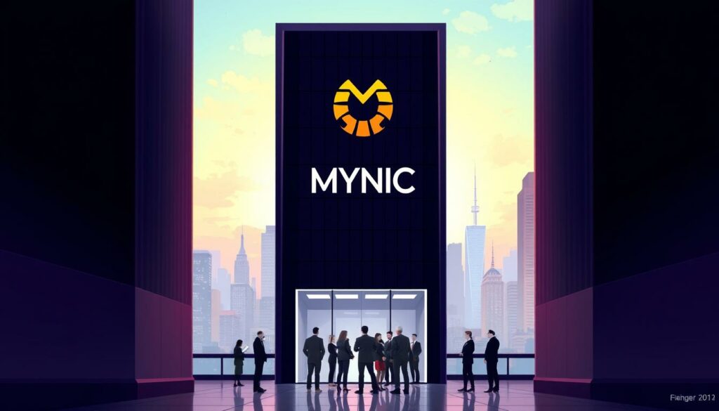 A sleek, modern office building with a stylized MYNIC logo prominently displayed on the facade. The building is set against a backdrop of a bustling city skyline, with towering skyscrapers and a vibrant, hazy sky. In the foreground, a group of professionals in business attire stand in a secure-looking entryway, conveying a sense of cybersecurity and technological expertise. The lighting is sharp and directional, casting dramatic shadows and highlighting the clean, minimalist design. The overall mood is one of professionalism, innovation, and a commitment to protecting digital assets. A sleek, modern office building with a stylized MYNIC logo prominently displayed on the facade. The building is set against a backdrop of a bustling city skyline, with towering skyscrapers and a vibrant, hazy sky. In the foreground, a group of professionals in business attire stand in a secure-looking entryway, conveying a sense of cybersecurity and technological expertise. The lighting is sharp and directional, casting dramatic shadows and highlighting the clean, minimalist design. The overall mood is one of professionalism, innovation, and a commitment to protecting digital assets.
