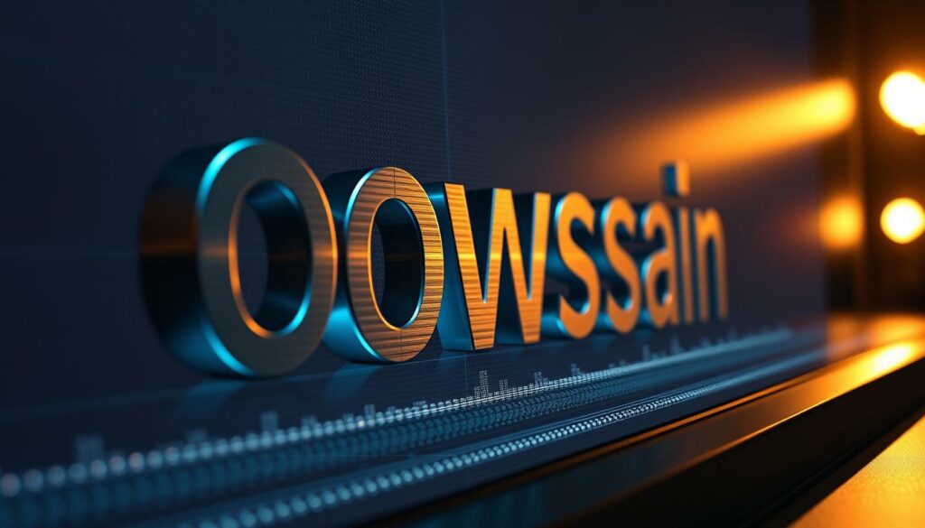 a striking close-up photograph of a domain name displayed on a glowing digital screen, casting a warm glow across a dark background. The domain appears to be made of sleek, brushed metal with a reflective surface, conveying a sense of authority and prestige. The lighting is dramatic, with a single, directional light source illuminating the domain from the side, creating deep shadows and highlights that accentuate the three-dimensional form. The camera is positioned at a low angle, looking up at the domain, further emphasizing its power and dominance. The overall mood is one of sophistication, professionalism, and the importance of a strong online presence.